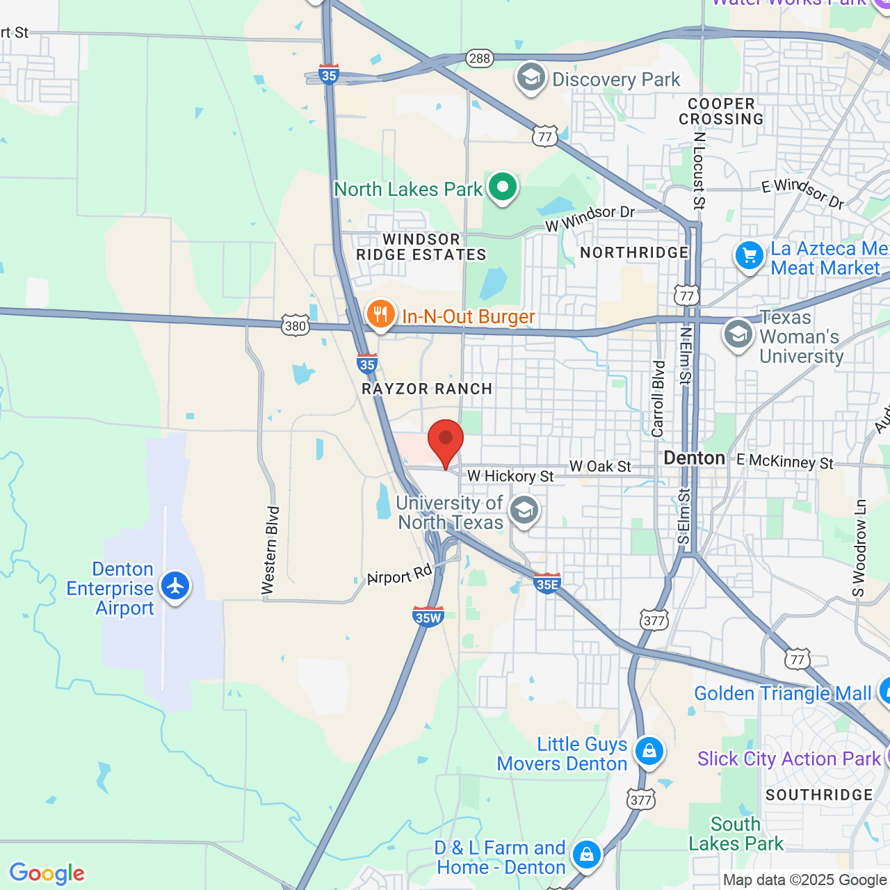 Google map image of our location in 2435 W Oak St Denton, TX